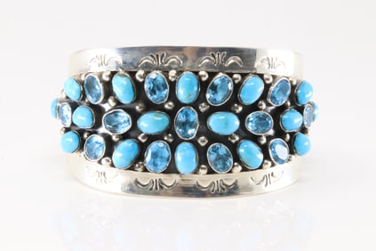 Native America Navajo Sterling Silver Blue Topaz & Turquoise Bracelet Cuff By R.B.