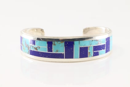 Native America Zuni Sterling Silver Lapis & Turquoise Inlay Bracelet Cuff By R.G.B.