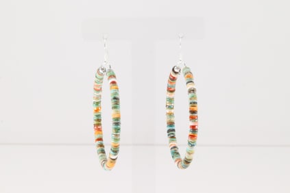 Native America Navajo Sterling Silver Multi-Color Hoop Dangling Earring's.