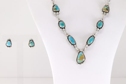 Native America Navajo Sterling Silver Kingman Turquoise Necklace & Dangling Earring's Set By A.L.