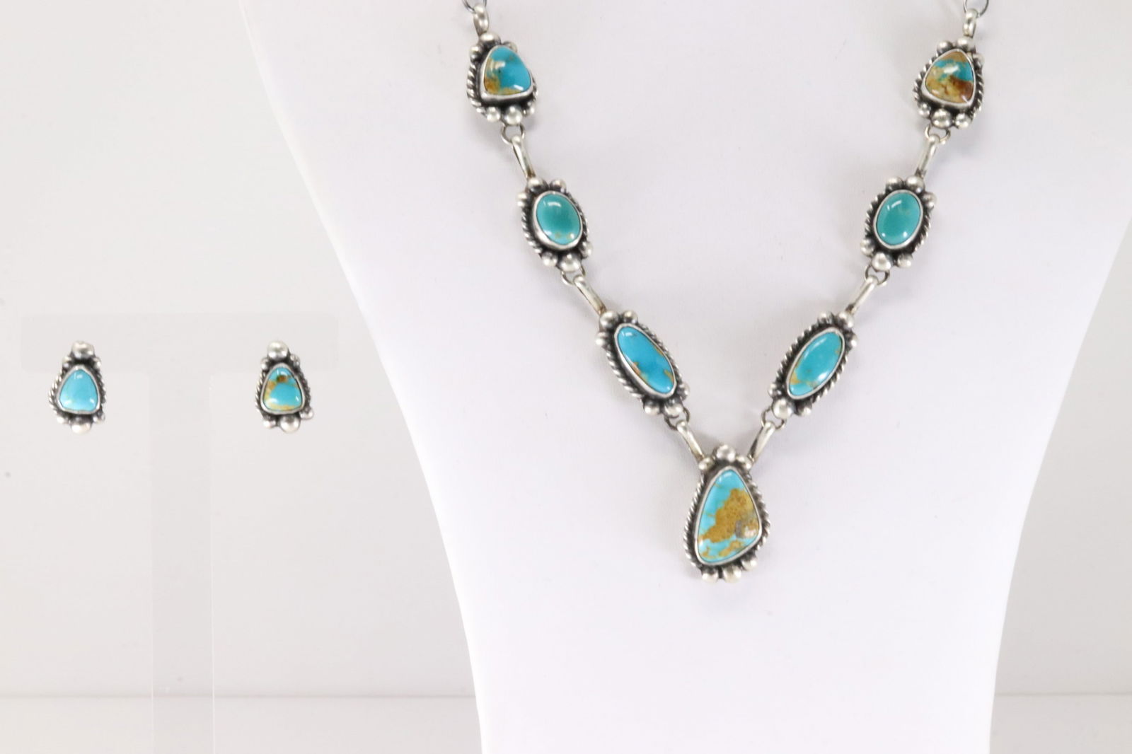 Native America Navajo Sterling Silver Kingman Turquoise Necklace & Dangling Earring's Set By A.L. (1 of 6)