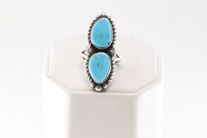 Native America Navajo Sterling Silver Turquoise Ring 2 Stone By Robert Shakey.