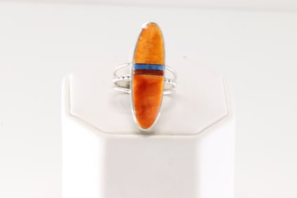 Native America Navajo Sterling Silver Multi-Color Stone Inlay Ring By By Harold Smith.
