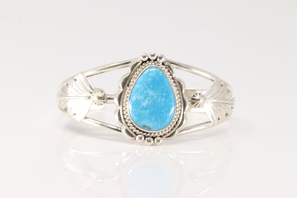 Native America Navajo Sterling Silver Kingman Turquoise Bracelet Cuff By Allanna Yellow.
