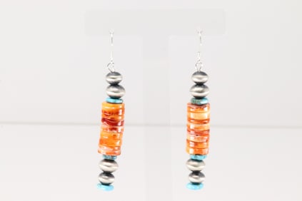 Native America Navajo Sterling Silver Spiny Oyster & Turquoise Dangling Earring's.