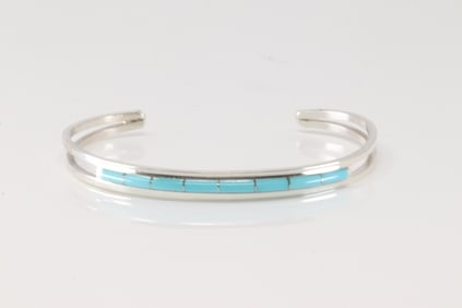 Native America Zuni Sterling Silver Turquoise Inlay Brcelet Cuff By ALW.