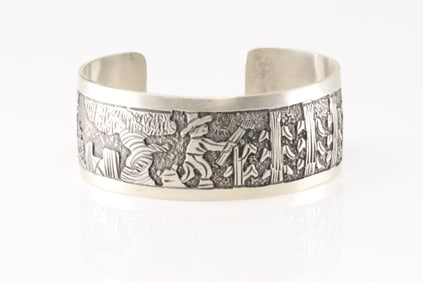 Native America Navajo Sterling Silver Storyteller Bracelet Cuff By B.