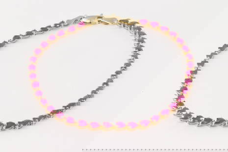 Pear-shape Ruby Bracelet 14Kt.: Ladies 14Kt Yellow Gold Pear-Shape Ruby Bracelet. This elegant bracelet has 36 pear-shape rubies. Ruby weight approx: 4.00cttw. Bracelet length: 8.00" Total weight: 5.40 Grams.
