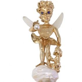 Vintage Estate Angel Brooch Pin 14K Gold Pearl Sapphire Jewelry