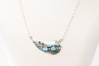 Native America Navajo Sterling Silver Turquoise Leaf Necklace By Jimmy Garcia.