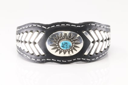 Native America Navajo Sterling Silver Turquoise Leather Bracelet Cuff By F.Armstrong.