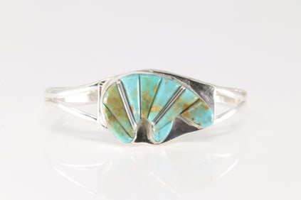 Native America Navajo Sterling Silver Bear Turquoise Inlay Bracelet Cuff By L.