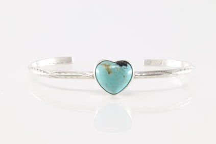 Native America Navajo Sterling Silver Kingman Turquoise Heart Bracelet Cuff By D.