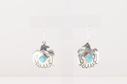 Native American Navajo Sterling Silver Turquoise Thunderbird Dangling Earring's By Verley Betone.