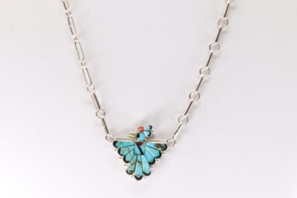 Native America Zuni Sterling Silver Multi-Color Stone Inlay Bird Necklace By Michelle Peina.