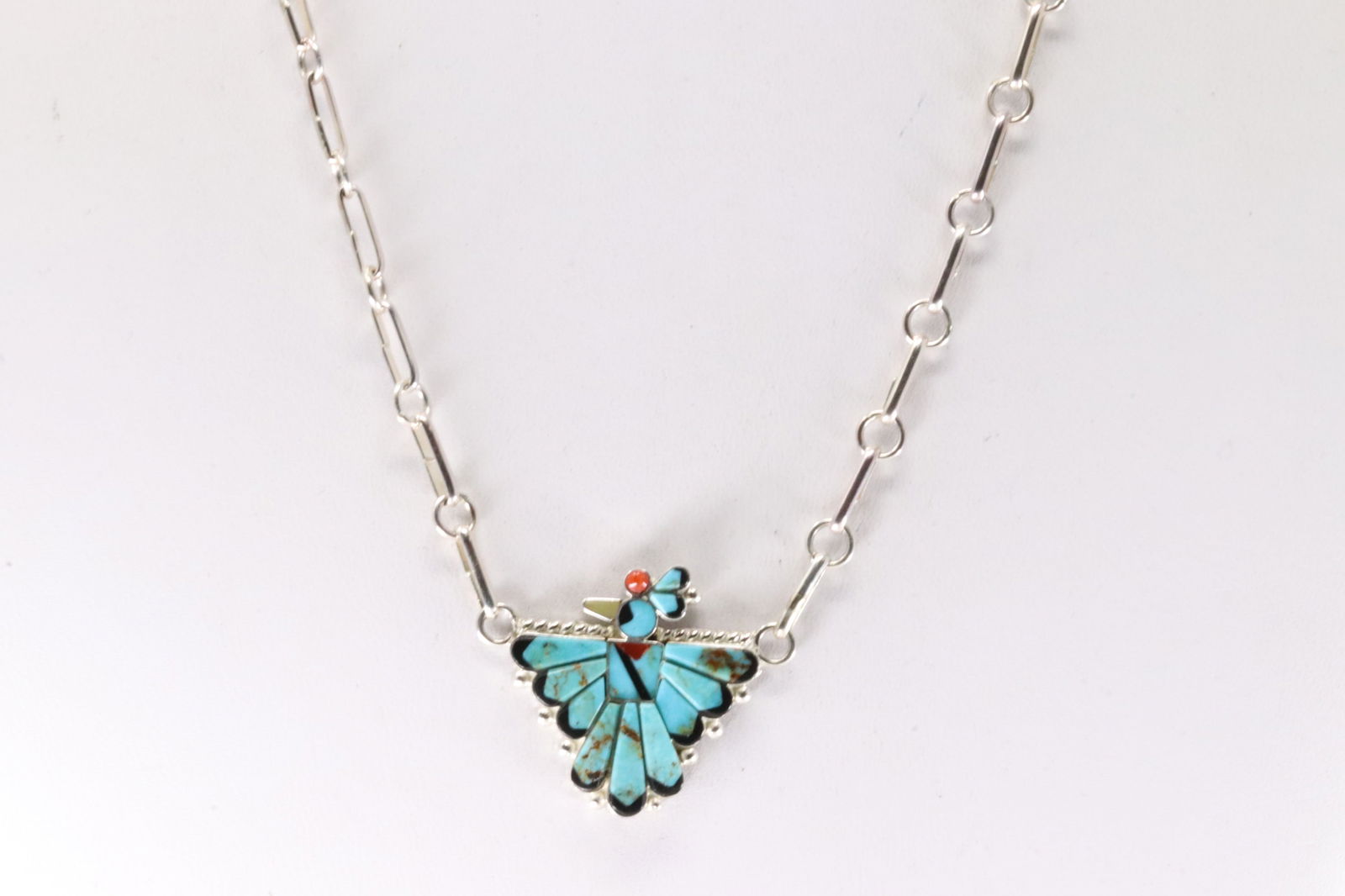 Native America Zuni Sterling Silver Multi-Color Stone Inlay Bird Necklace By Michelle Peina. (1 of 4)