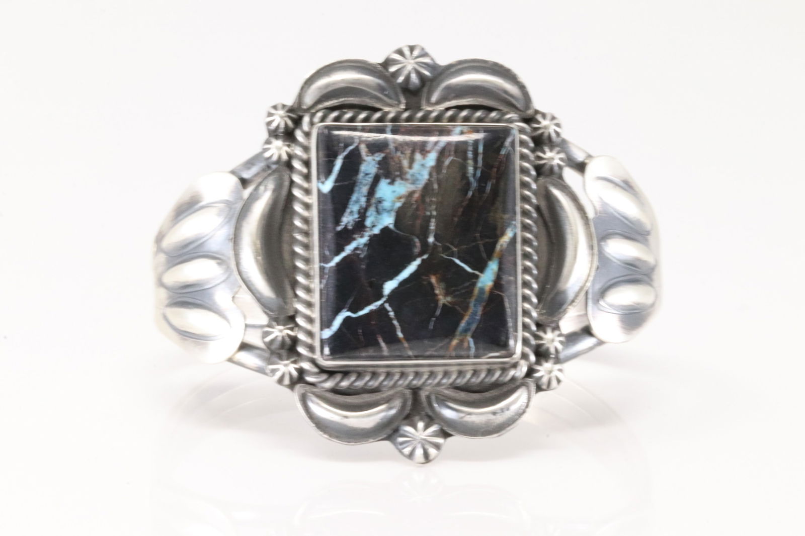 Native America Navajo Sterling Silver Black Jack Turquoise Bracelet Cuff By Ray Delgarito. (1 of 4)
