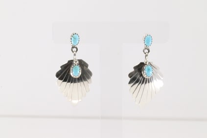 Native American Navajo Sterling Silver Turquoise Leaf Post / Dangling Earring's By Genevieve