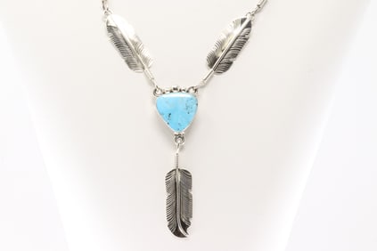 Native America Navajo Sterling Silver Turquoise Feather Necklace By Gibert Smith.