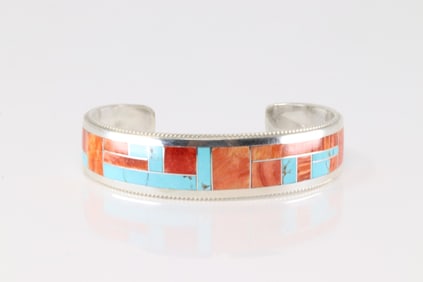 Native American Zuni Sterling Silver Spiny Oyster & Turquoise Inlay Bracelet Cuff By Glendora