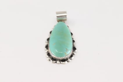 Native America Navajo Sterling Silver Kingman Turquoise Pendant By Freida Martinez.