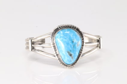 Native America Navajo Sterling Silver Kingman Turquoise Bracelet Cuff By S.E.