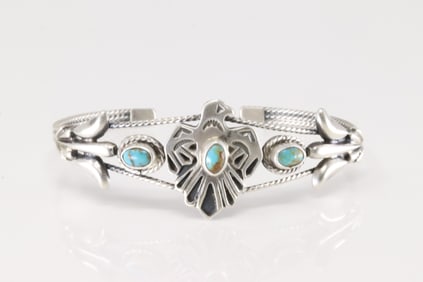 Native America Navajo Sterling Silver Turquoise Thunderbird Bracelet Cuff By Bobby Platero.