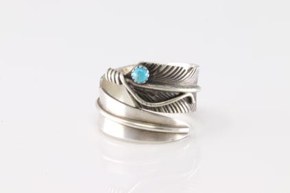 Native America Navajo Sterling Silver Turquoise Feather Ring C.C.