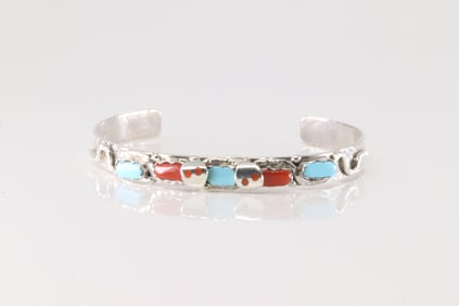 Native America Zuni Sterling Silver Coral & Turquoise Bracelet Cuff By Joy Calavaza.