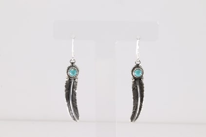 Native America Navajo Sterling Silver Turquoise Feather Dangling Earring's By Sharon McCarthy.
