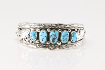 Native America Navajo Sterling Silver Turquoise Bracelet Cuff By Darrell Morgan.