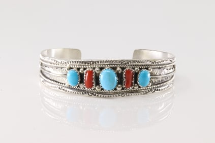 Native America Navajo Sterling Silver Coral & Turquoise Bracelet cuff By Harrison & Betty Begaye.