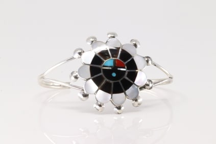Native America Zuni Sterling Silver Multi-Color Stone Inlay Bracelet By Pauline Lonjose.