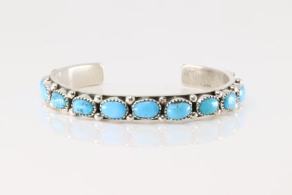 Native America Navajo Sterling Silver Kingman Turquoise Bracelet Cuff By F.J.W.