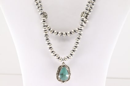 Native America Navajo Sterling Silver Double Strand Pearl Beaded / Turquoise Necklace By Lucinda