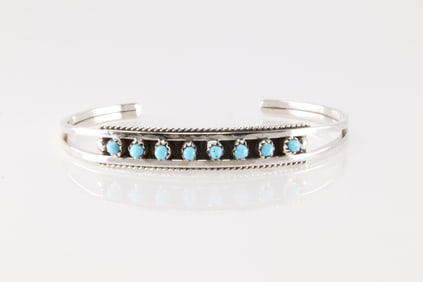 Native America Zuni Sterling Silver Turquoise Bracelet Cuff By Susie Livingston.
