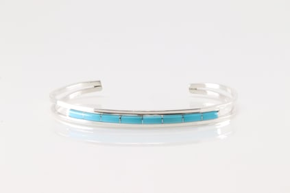 Native America Zuni Sterling Silver Turquoise Inlay Bracelet Cuff By Anson Wallace.
