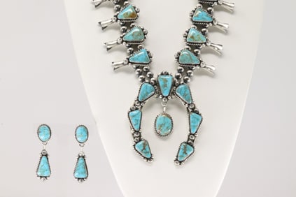 Native America Navajo Sterling Silver Kingman Turquoise Squash Blossom Necklace & Earring's Set By
