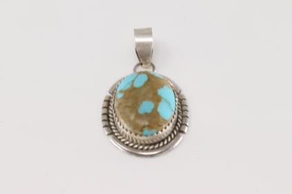 Native America Navajo Sterling Silver Kingman Turquoise Pendant By Freida Martinez.