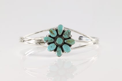 Native America Navajo Sterling Silver Turquoise Bracelet Cuff By Marie Bahe.