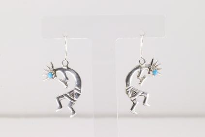 Native America Navajo Sterling Silver Turquoise Kokopelli Dangling Earring's By Lorraine Chee.