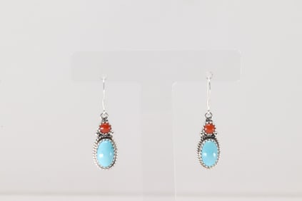 Native America Navajo Sterling Silver Coral & Turquoise Dangling Earring's By Gary Shorty.