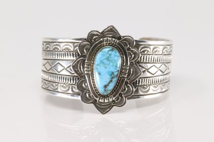 Native America Navajo Sterling Silver Kingman Turquoise Bracelet Cuff By Eula M. Wylie.