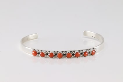 Native America Navajo Sterling Silver Coral Bracelet Cuff By GP.SRY.