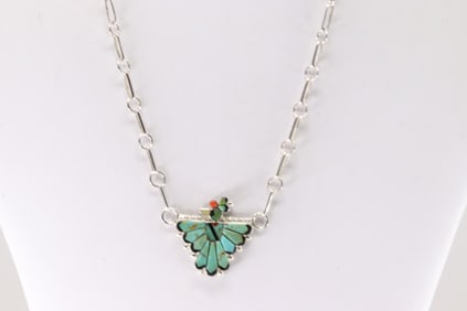 Native America Zuni Sterling Silver Multi-Color Stone Inlay Bird Necklace By Michelle Peina.