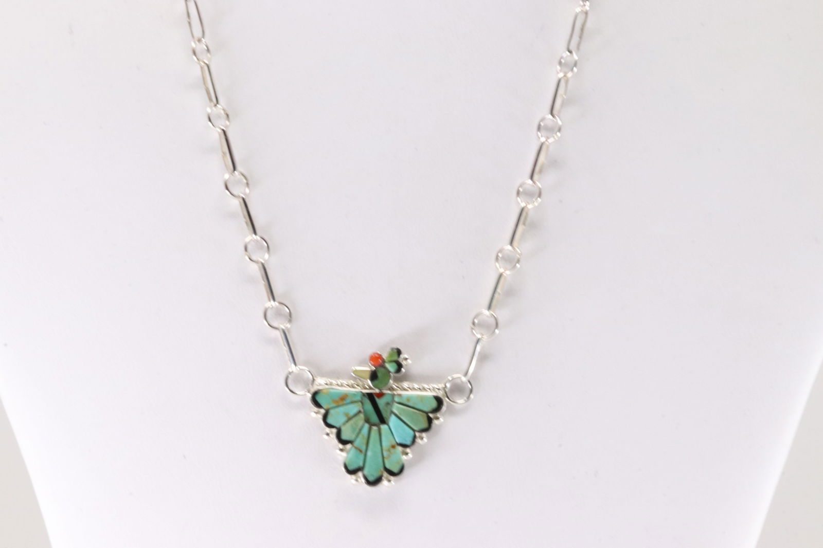 Native America Zuni Sterling Silver Multi-Color Stone Inlay Bird Necklace By Michelle Peina. (1 of 4)