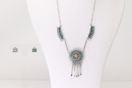 Native America Zuni Sterling Silver Turquoise Necklace & Earring's Set By Philander Gia.