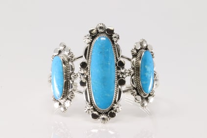 Native America Navajo Sterling Silver Turquoise Bracelet Cuff By David Lopez.