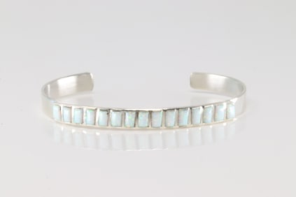Native America Navajo Sterling Silver White Opal Bracelet Cuff.