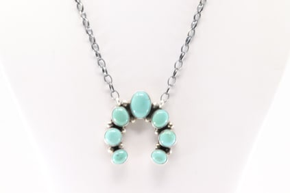 Native America Navajo Sterling Silver Kingman Turquoise Naja Necklace By Augustine Largo.